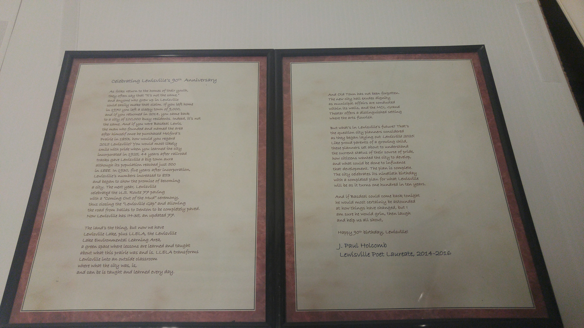 2015 – Lewisville 90th Anniversary Poem Framed