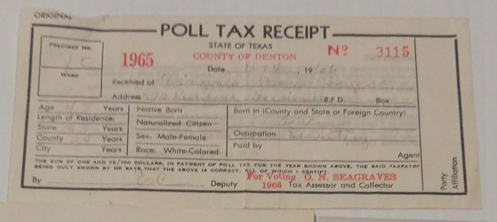 1965 Receipt - Denton County Poll Tax