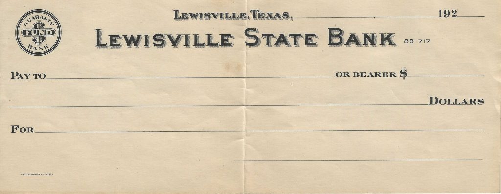 1920s -  Blank Business Check, Lewisville State Bank