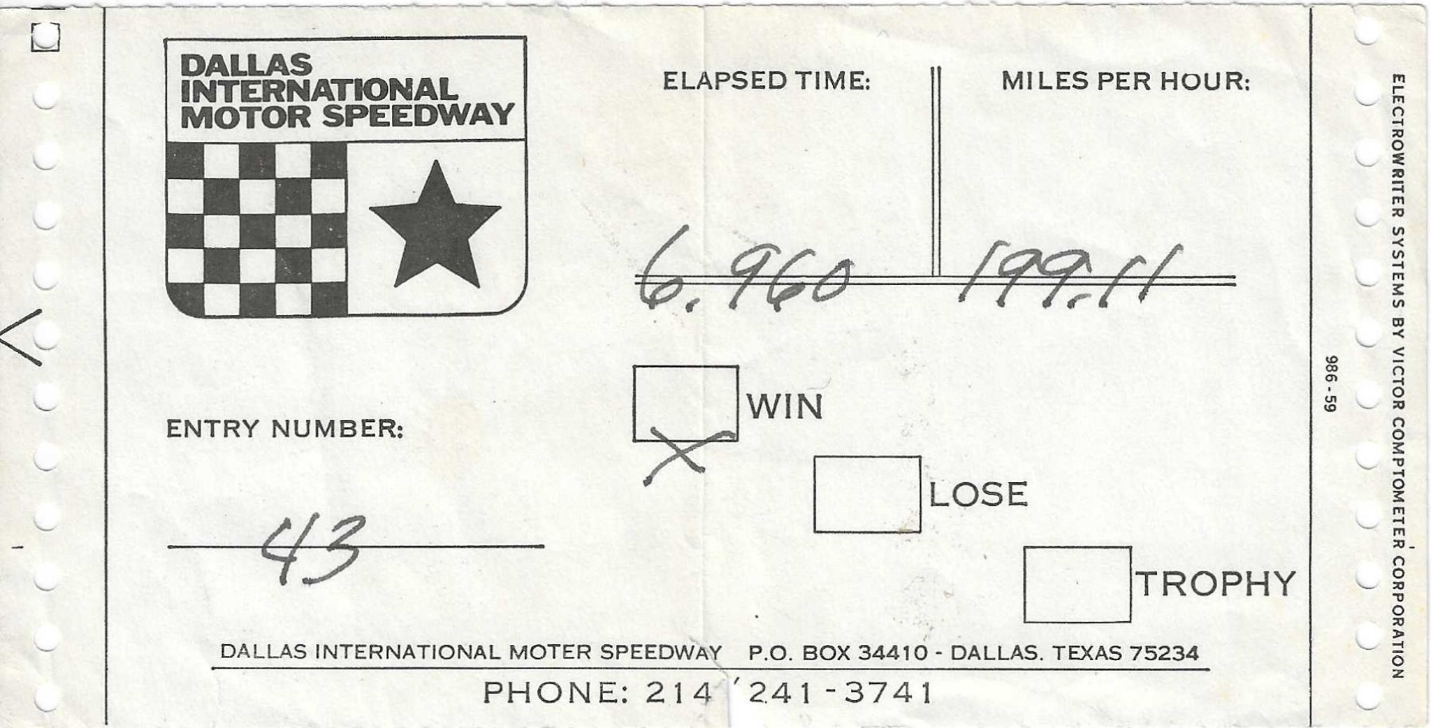 1969 Timing Slip – Dallas International Motor Speedway