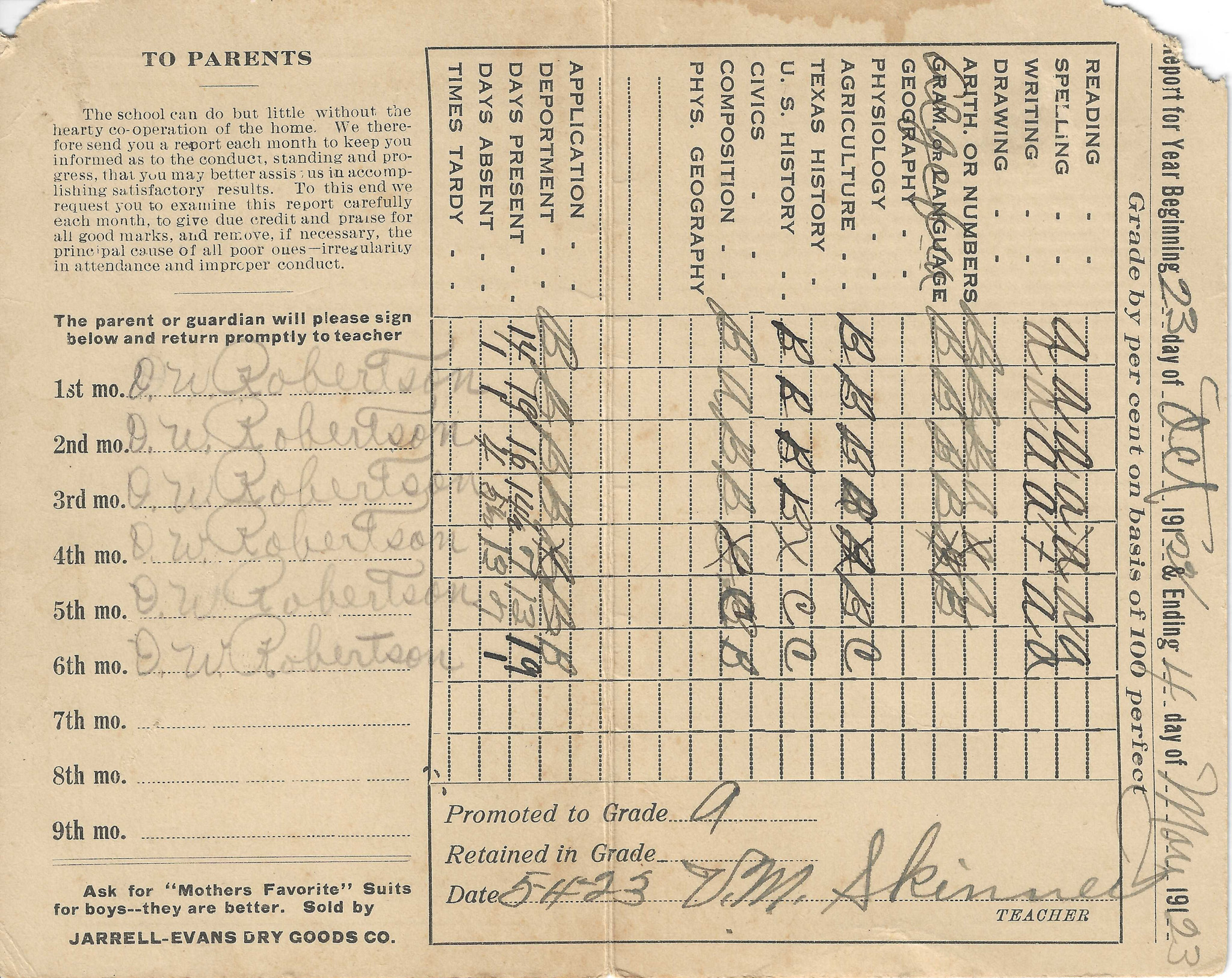 1923 – Report Card – Bethel School, Sudie Robertson