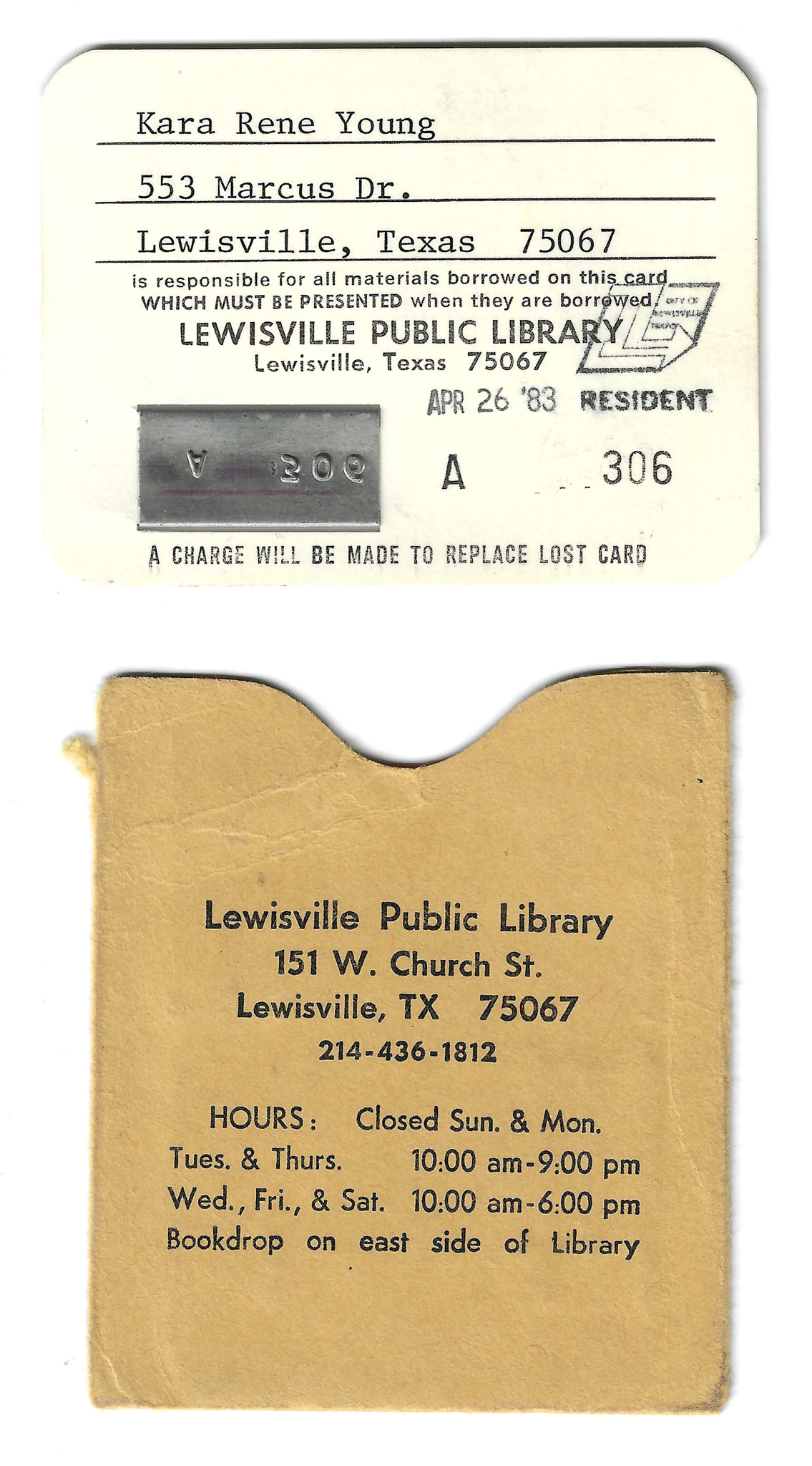 1983 Library Card – Lewisville Public Library