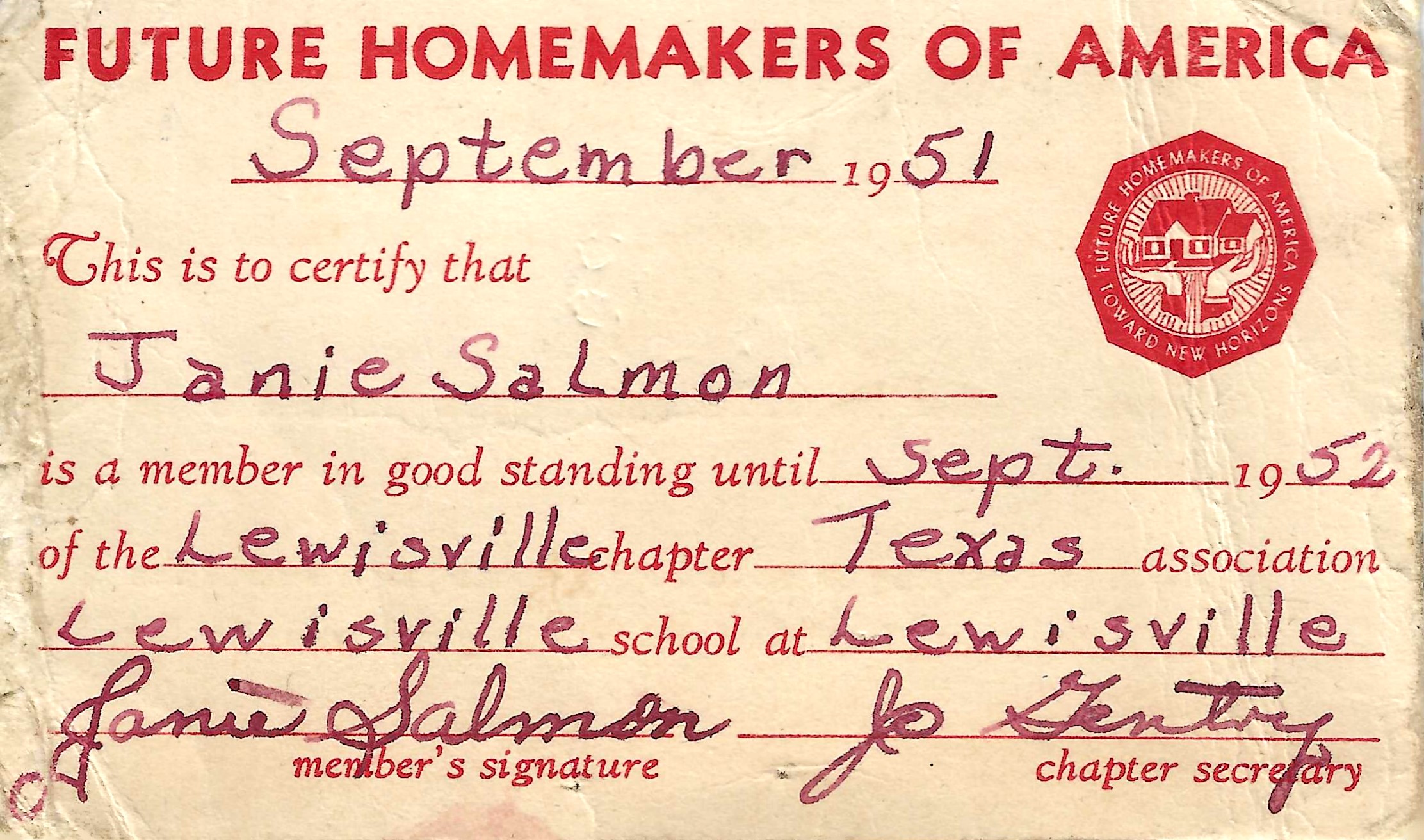 1951 Card – FHA Membership Jane Salmon